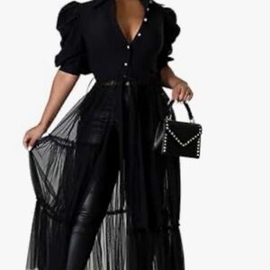 Black Button-Up Blouse with Sheer Details